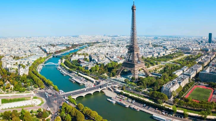 Eiffel Tower or Tour Eiffel aerial view, is a wrought iron lattice tower on the Champ de Mars in Paris, France