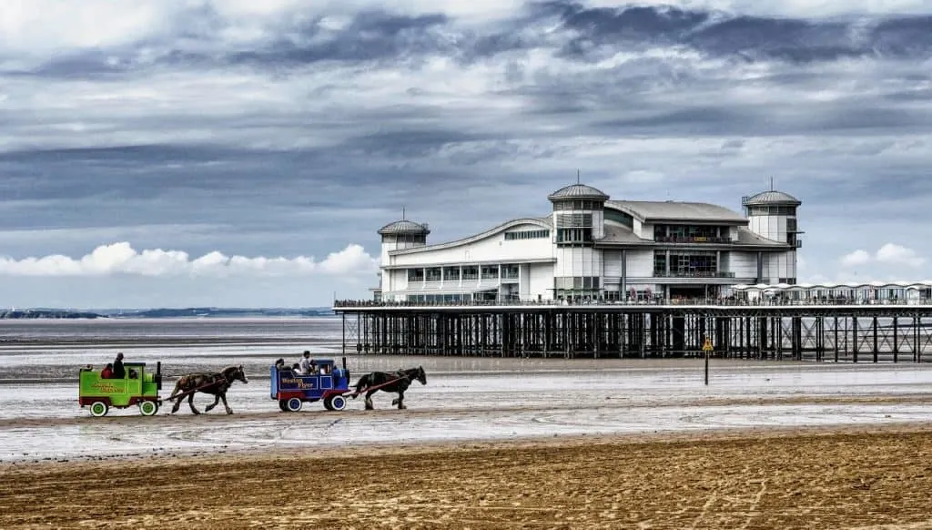 Horses and carts on Weston Super Mare beach - beaches in Somerset