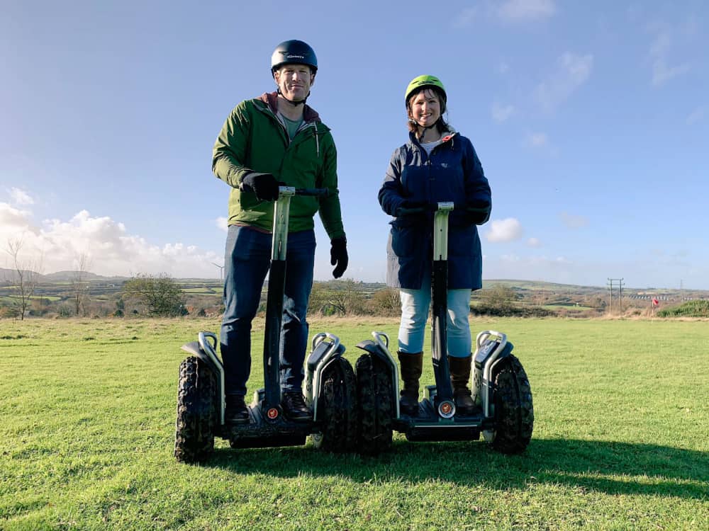 Mr and Mrs Tin Box on segways with Segway Lakeside at Waterside Cornwall