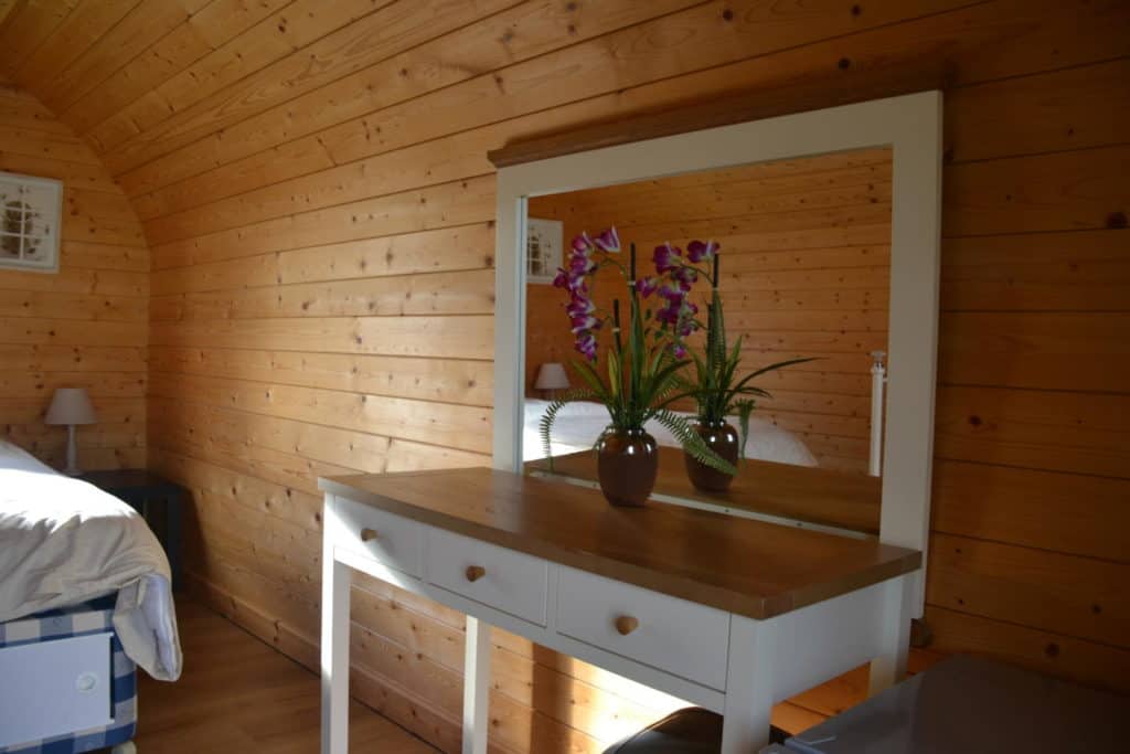 Dressing table in lakeside glamping pod at Croft Farm Water Park in Gloucestershire
