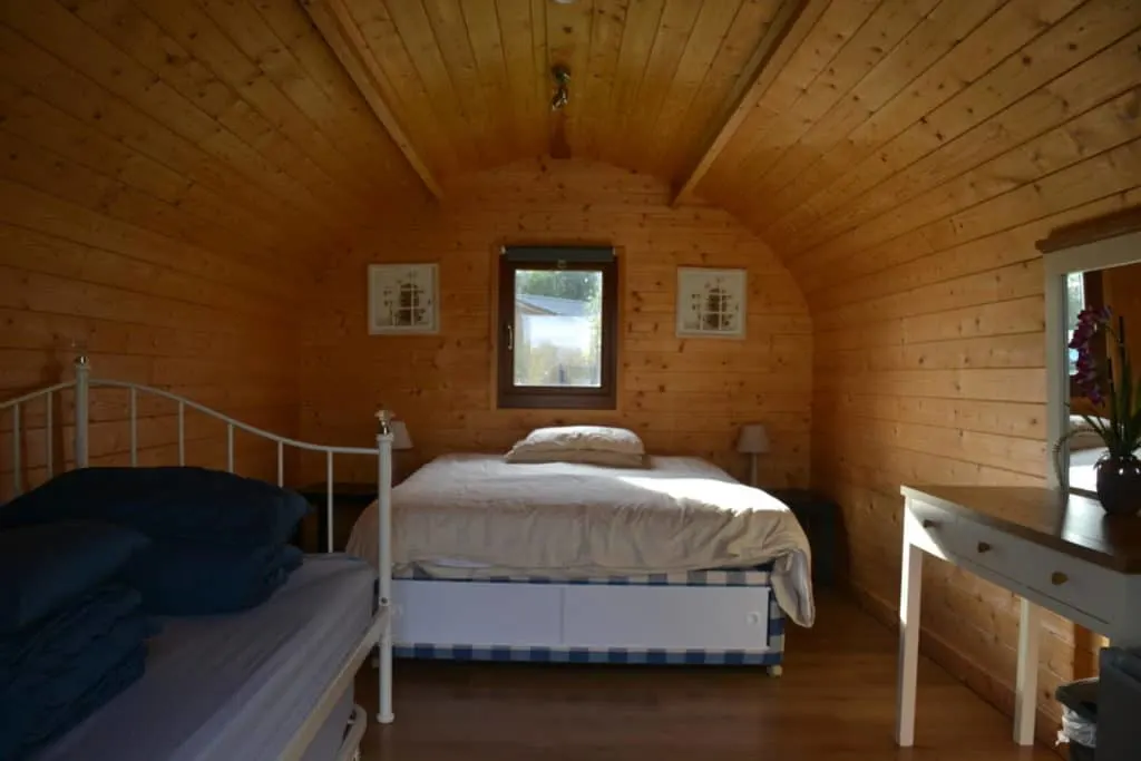 Inside lakeside glamping pod at Croft Farm Water Park in Gloucestershire