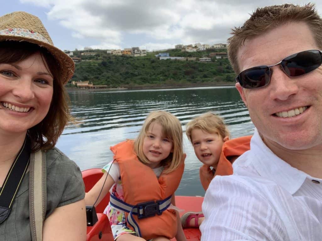 Tin Box family on pedal at Lake Kournas - Crete with kids - things to do in Chania