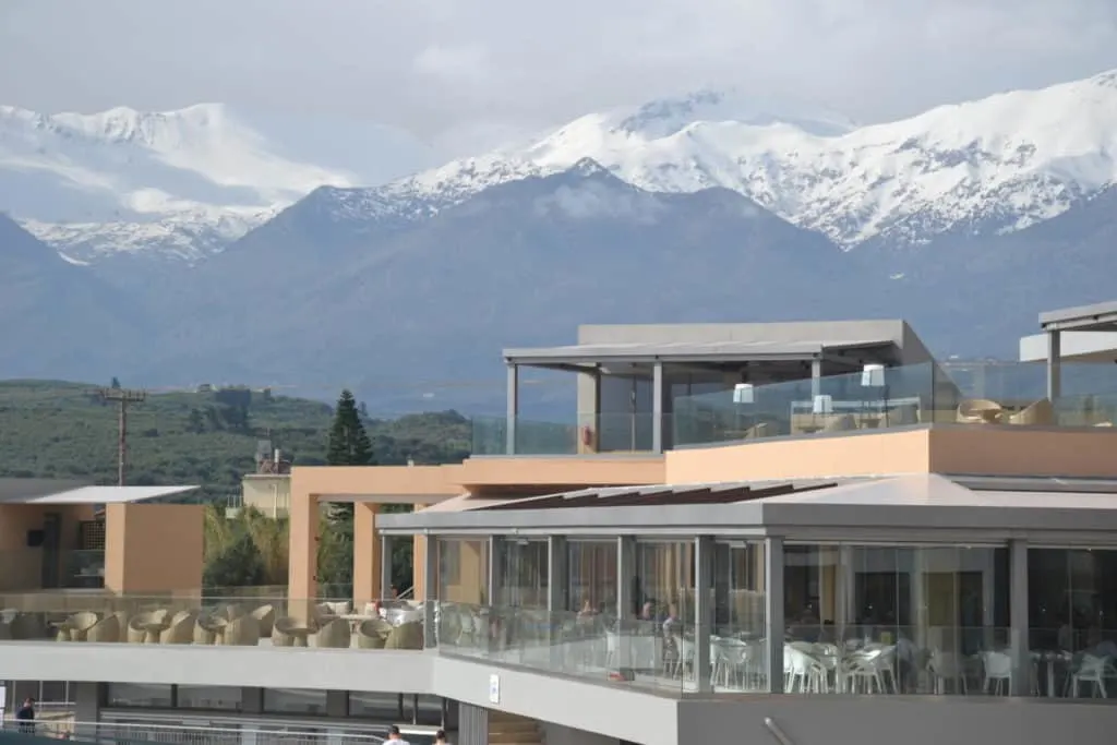 Pool View restaurant and mountains at Kiani Beach Resort - an all inclusive family resort in Crete