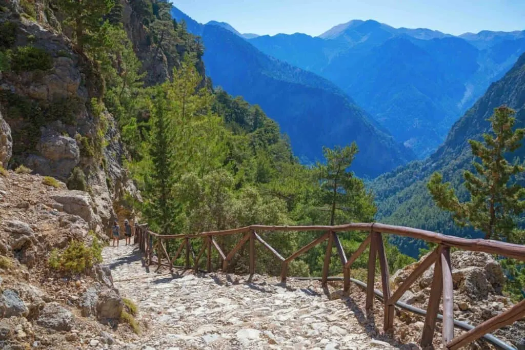 National Park of Samaria, Grecce, island Crete. Gorge Samaria. Magnificent view the top of the mountain. Forest path.