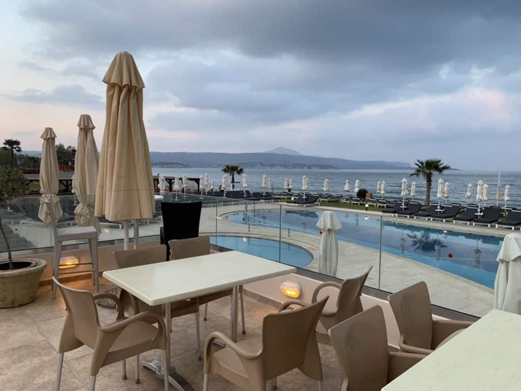 Sea View restaurant balcony view at Kiani Beach Resort - an all inclusive family resort in Crete