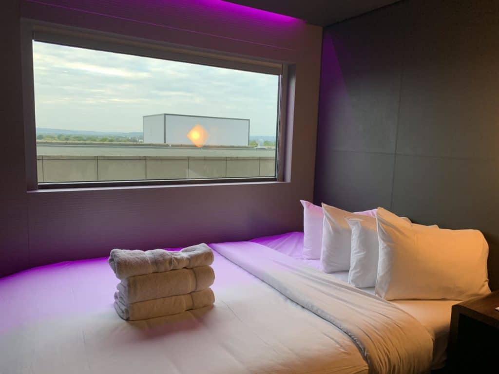 Double bed and window at Bloc Hotel Gatwick