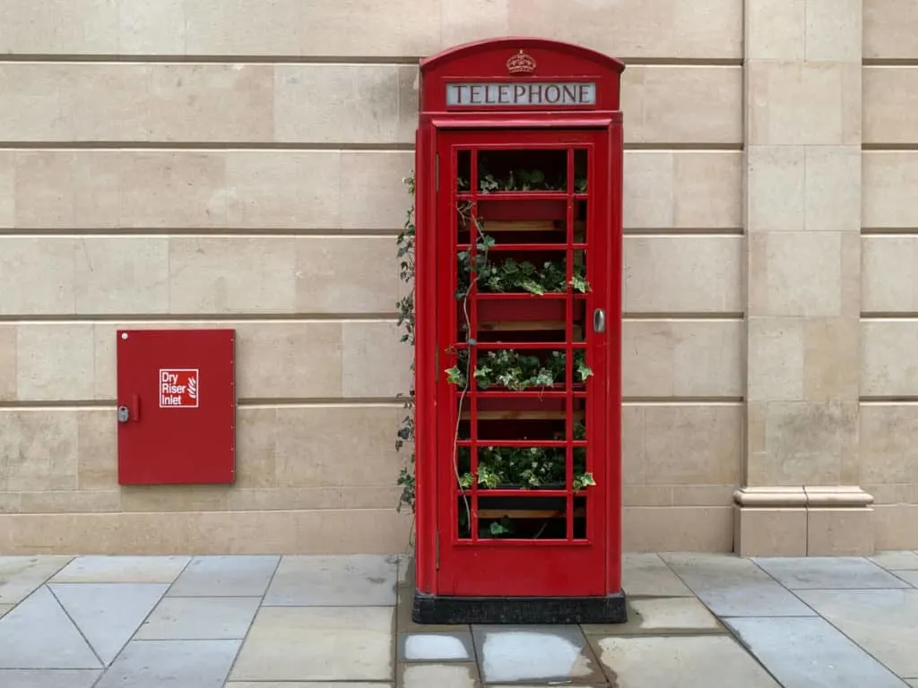 Phone box art installation in Bath city centre