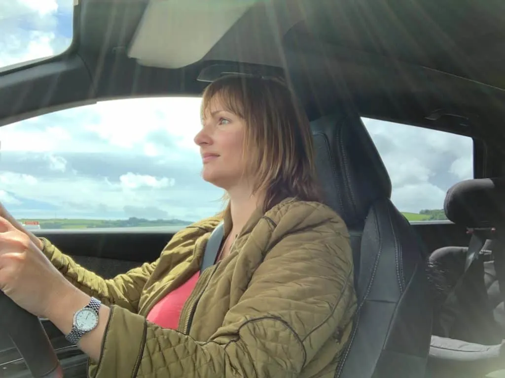 Claire Tin Box Traveller in Peugeot 5008 drivers seat