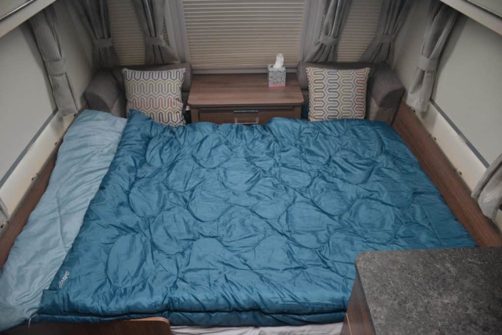 Vango Roar Double sleeping bag on double bed in Bailey Phoenix 650