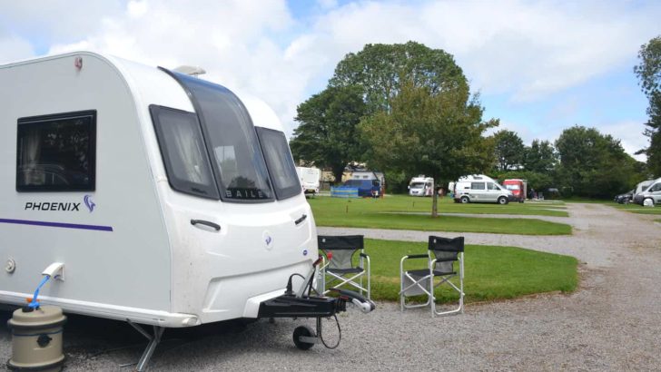 Bailey Phoenix 650 caravan on pitch at campsite near Cheddar Gorge
