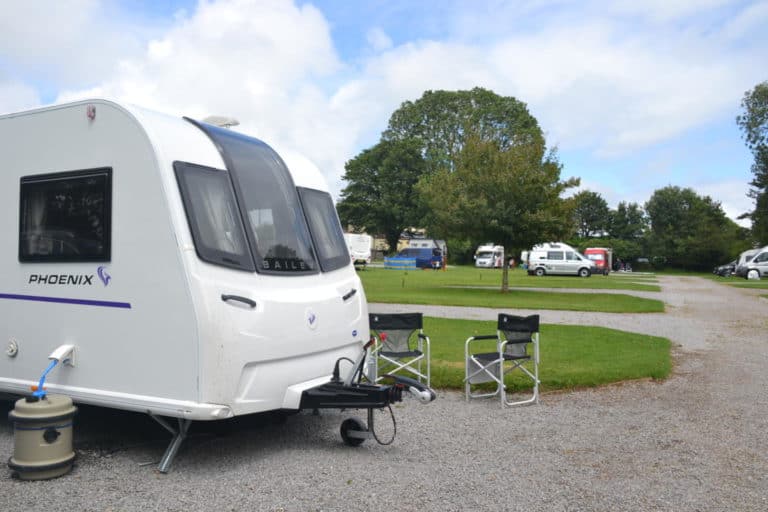 Bailey Phoenix 650 caravan on pitch at campsite near Cheddar Gorge