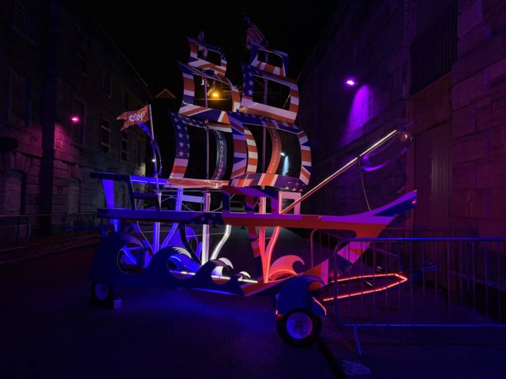 Mayflower 400 installation at Illuminate Plymouth in 2018