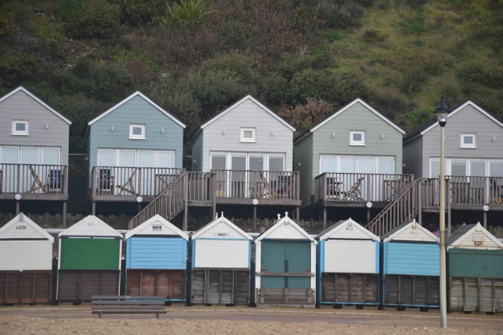 Lodges and beach huts on the beach at Boscombe in Bournemouth