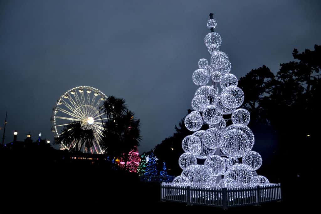 Seattle Christmas tree in Bournemouth lit up at night