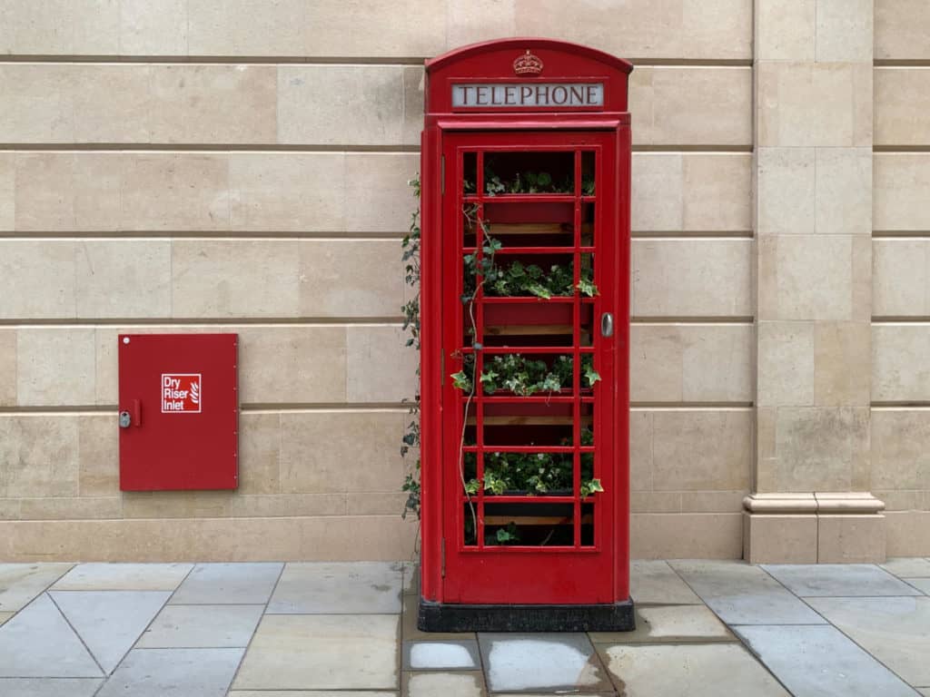 Red phone box with plants growing inside