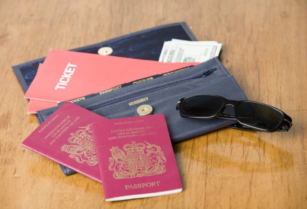 Wallet with passports, tickets and travellers checks