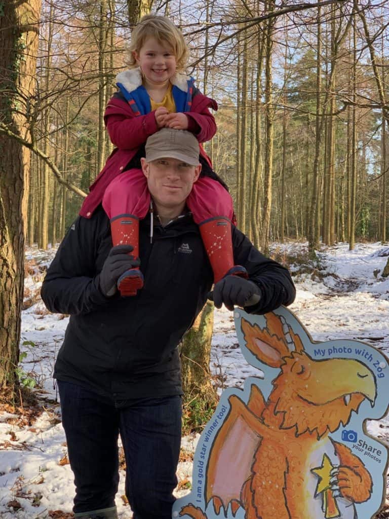 Mr. Tin Box with Kids Shoulders at Zog Trail in Haldon Forest - Things to do in Devon this winter