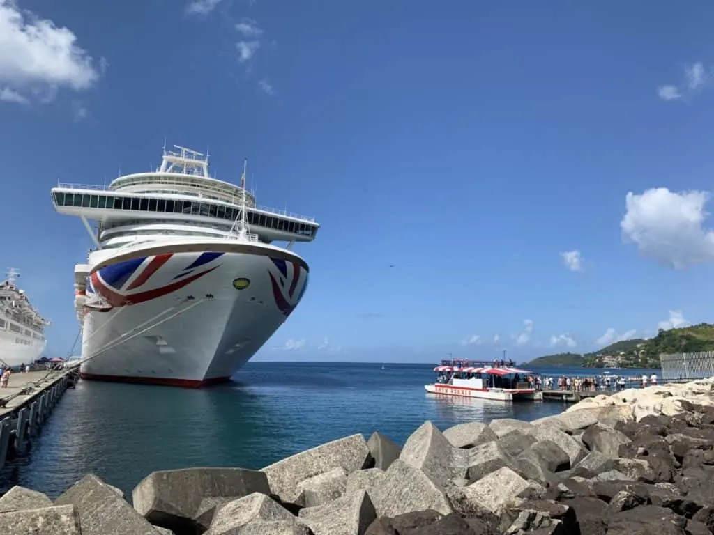 P&O Cruises Azura in Grenada with the Rum Runner moored close by