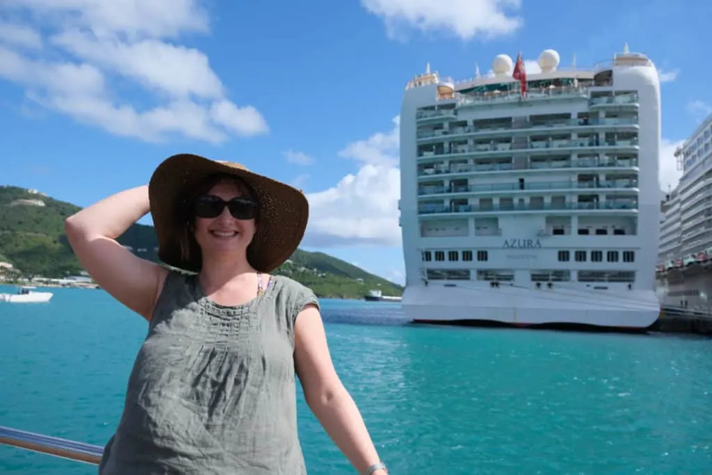 Tin Box Traveller stood in front of P&O Azura in Tortola