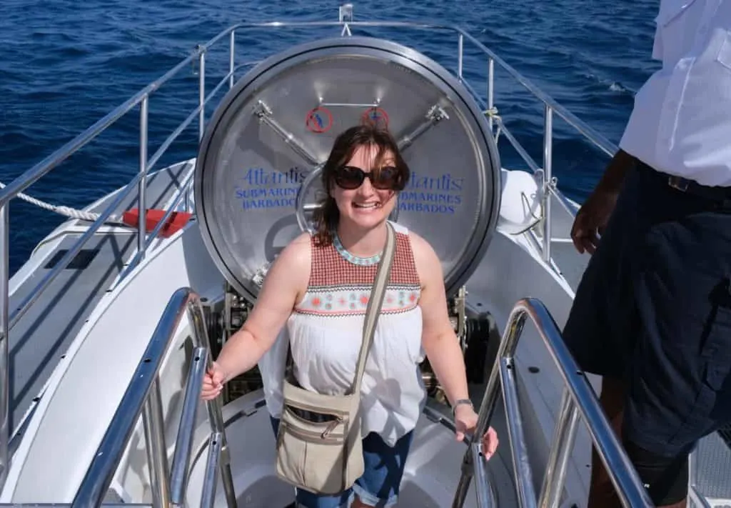 Claire climbing down the ladder into the Atlantis Submarine in Barbados
