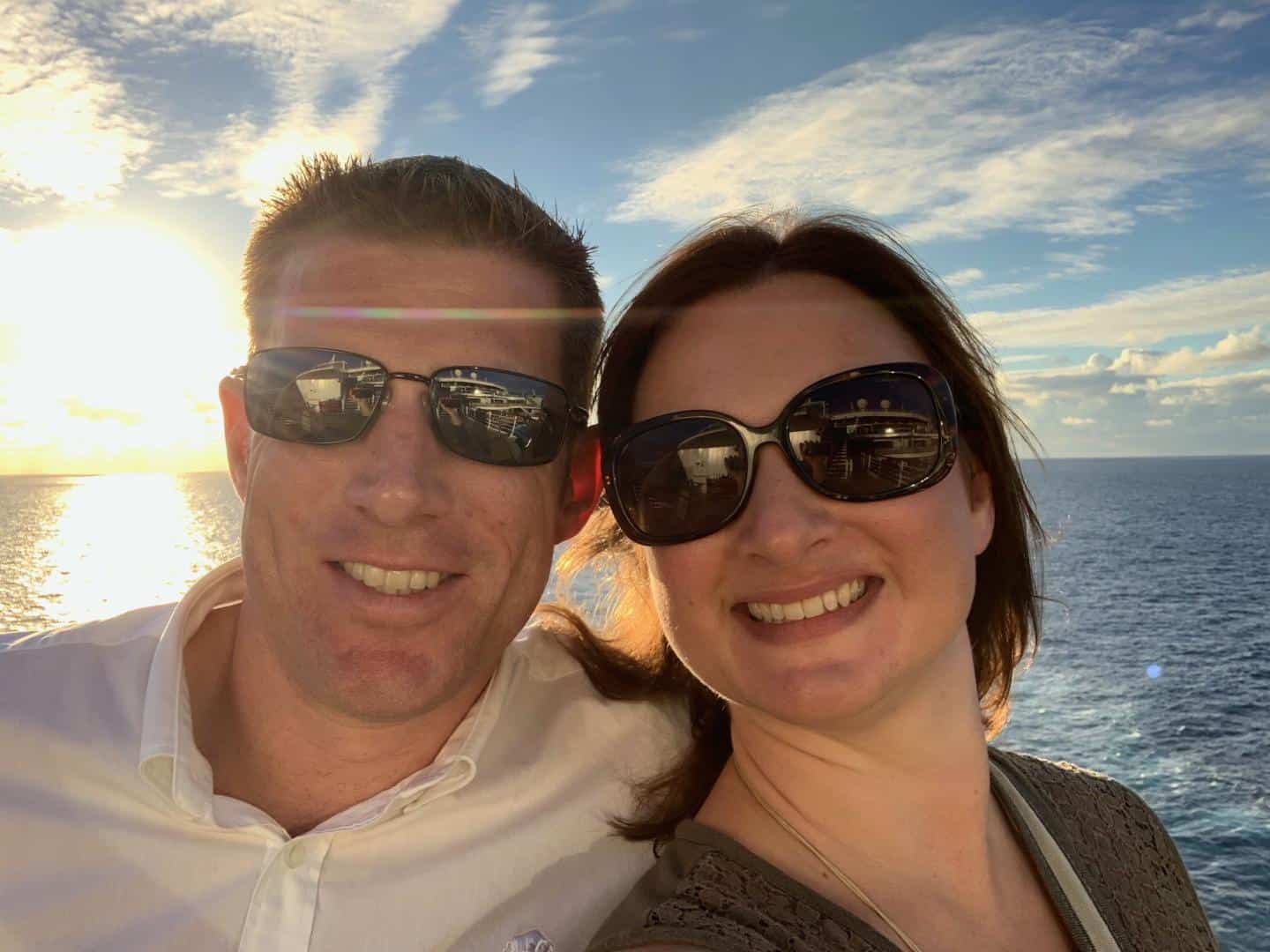 Claire and Mr Tin Box on deck at sunset during their winter sun cruise in the Eastern Caribbean