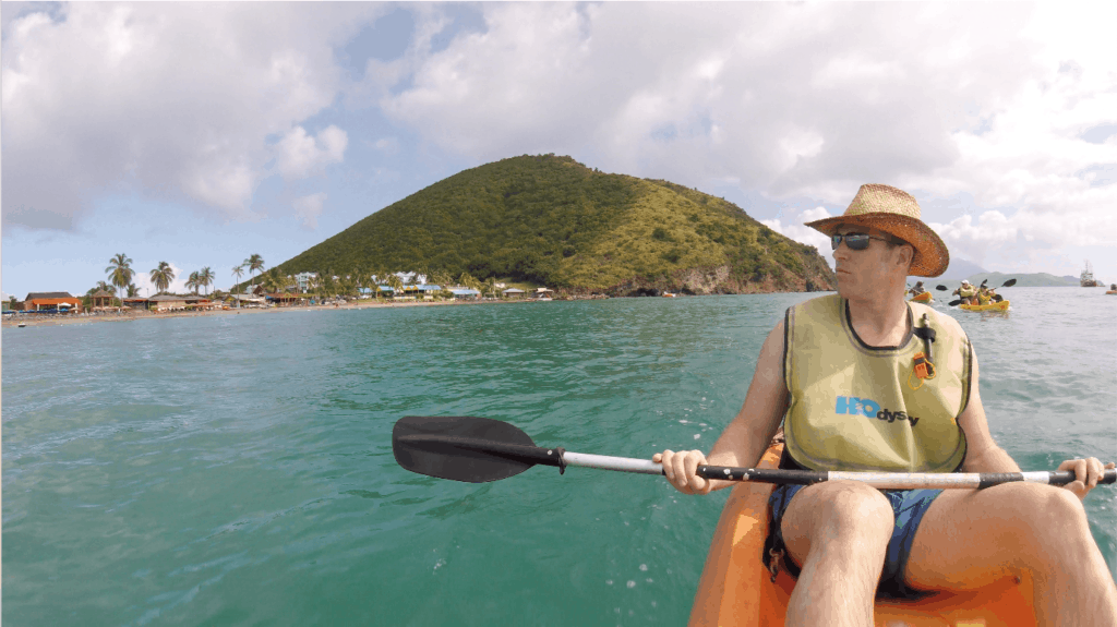 Mr Tin Box kayaking along Frigate Bay in St Kitts