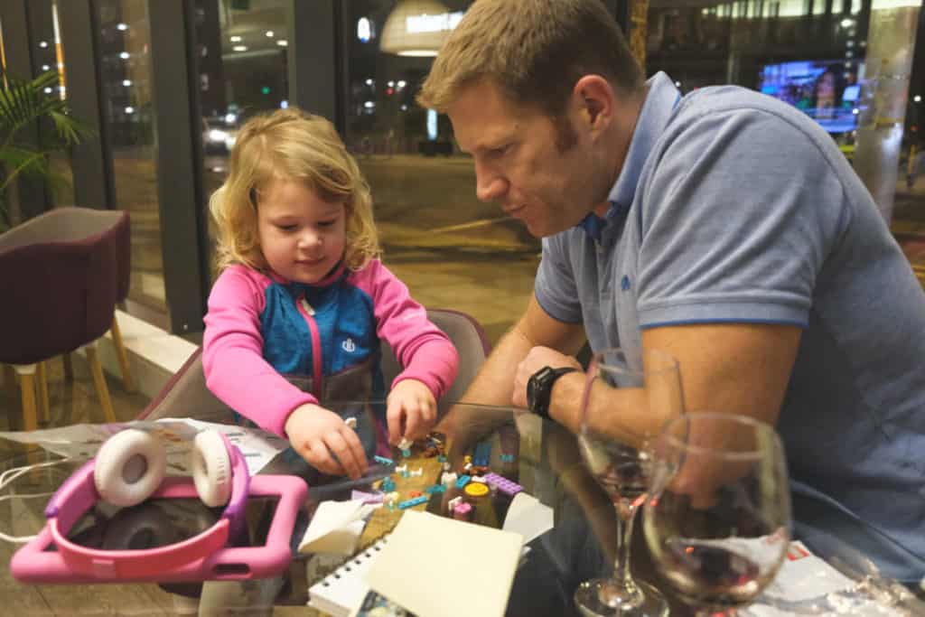 Making a lego set in the hotel bar