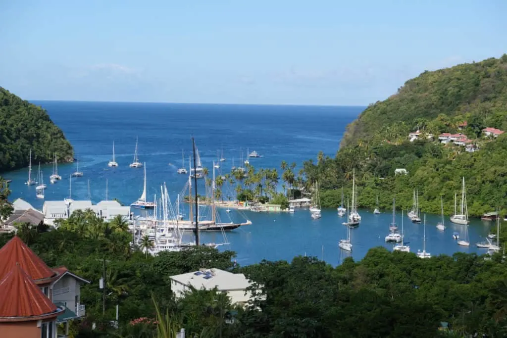 View of yachts in Marigot Bay in St Lucia