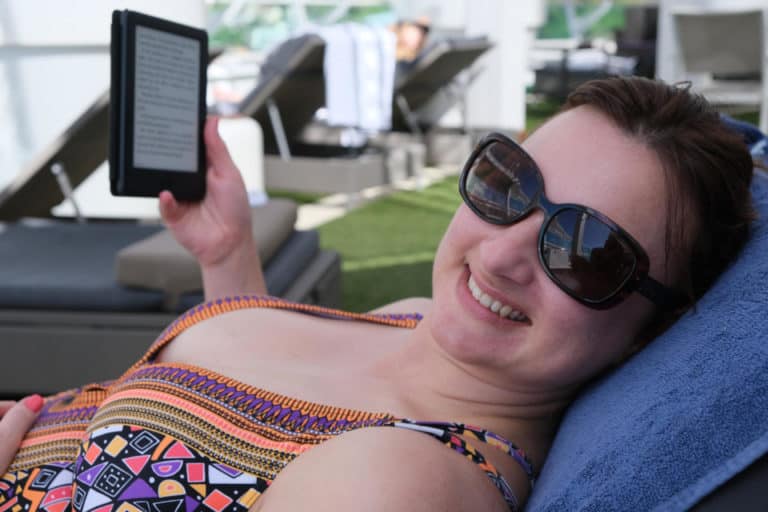 Claire lounging on sun bed in the Retreat on P&O Azura