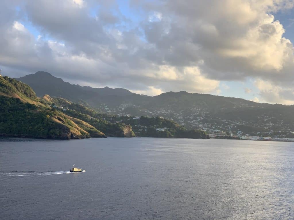 View from cruise ship coming into St Vincent in the Eastern Caribbean during a winter sun cruise