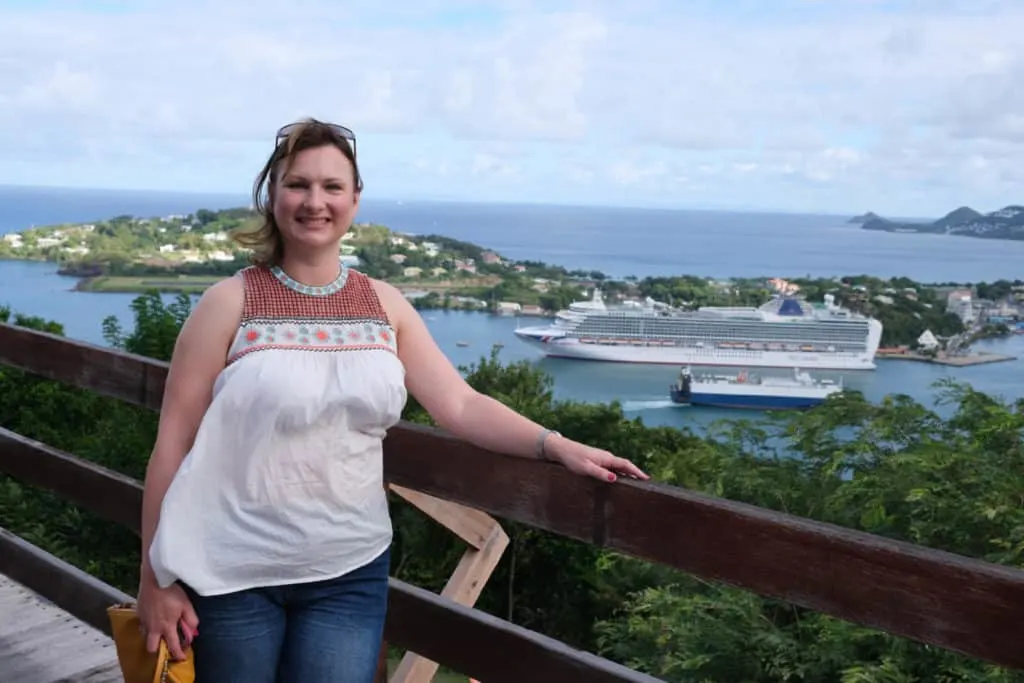 Claire at view point overlooking harbour in St Lucia