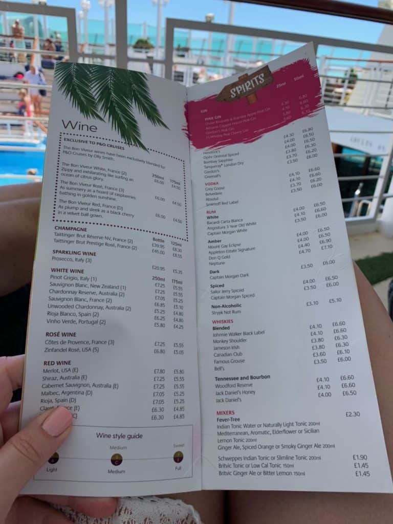 P&O pool bar menu