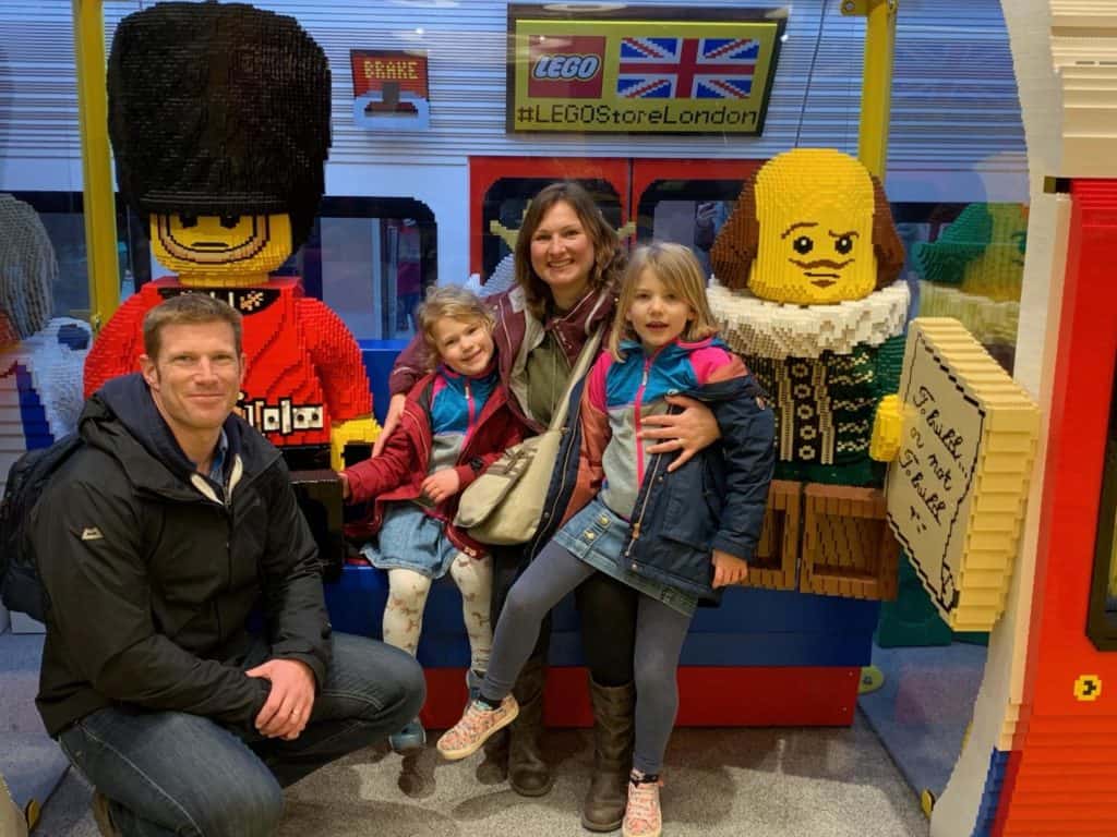 Tin Box family sat in Lego tube train in the Lego Store in London