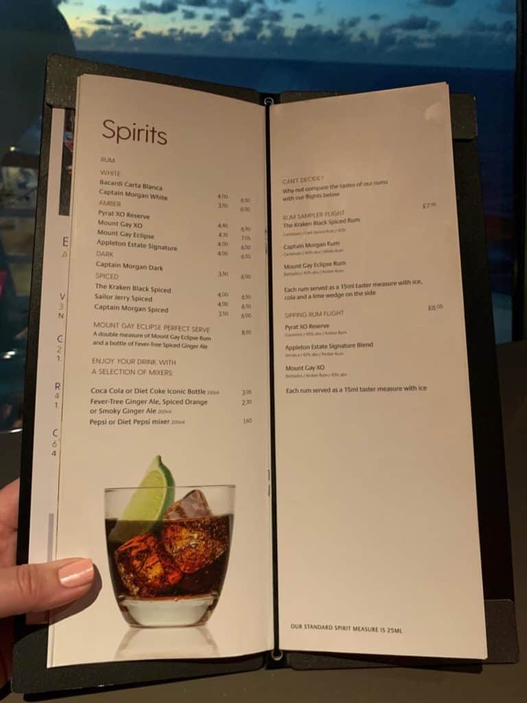 P&O drinks menu on Azura 2020