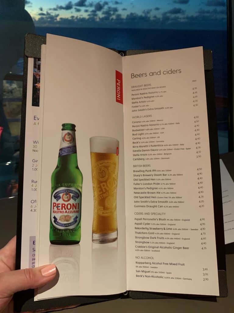 P&O drinks menu on Azura 2020