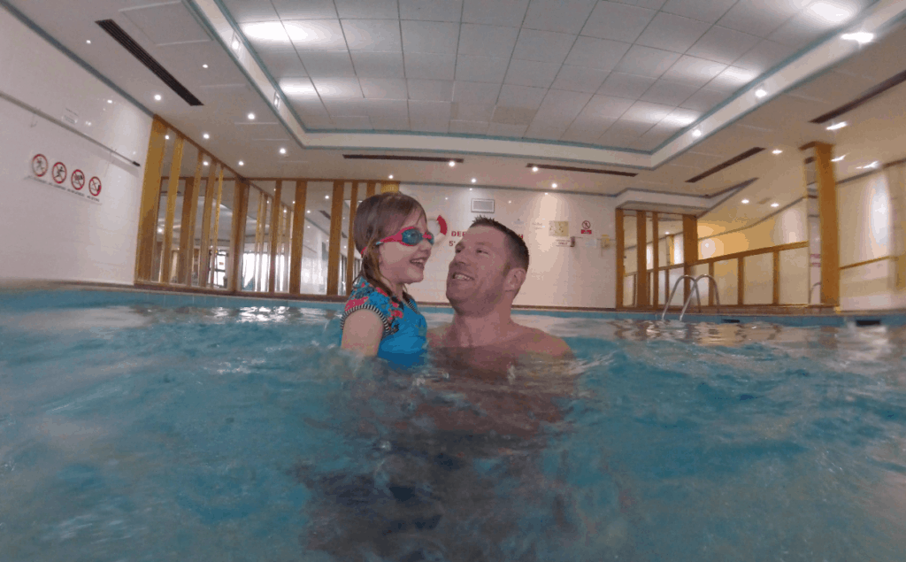 Tot and Mr Tin Box in the indoor pool at Langstone Cliff Hotel