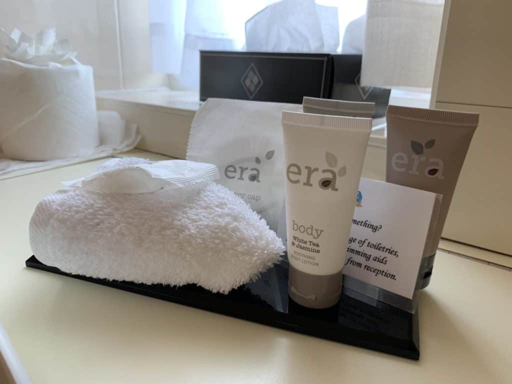 Toiletries in the family bathroom of a family suite at Langstone Cliff Hotel