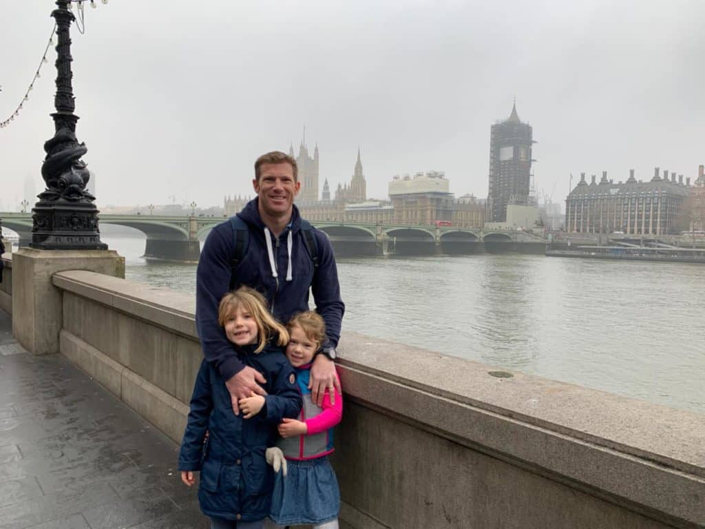 Tin Box family on South Bank overlooking Westminster in London - things to do in London with children