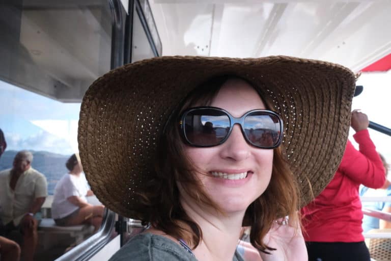 Claire on catamaran on the way to Virgin Gorda in the British Virgin Islands - things to do in Virgin Gorda