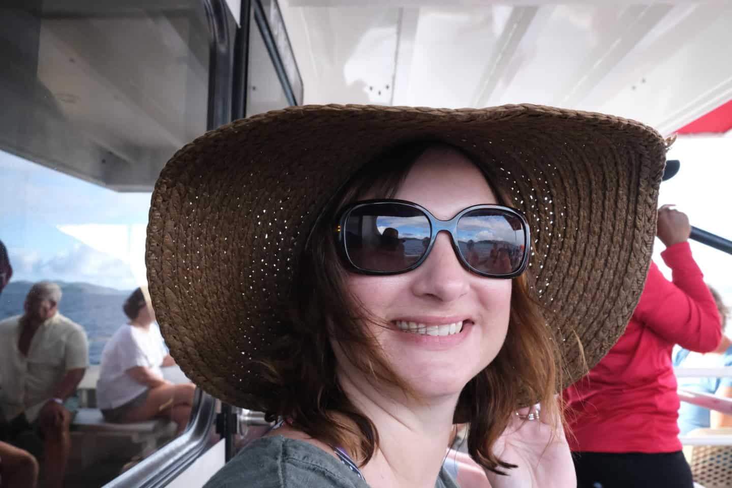 Claire on catamaran on the way to Virgin Gorda in the British Virgin Islands - things to do in Virgin Gorda