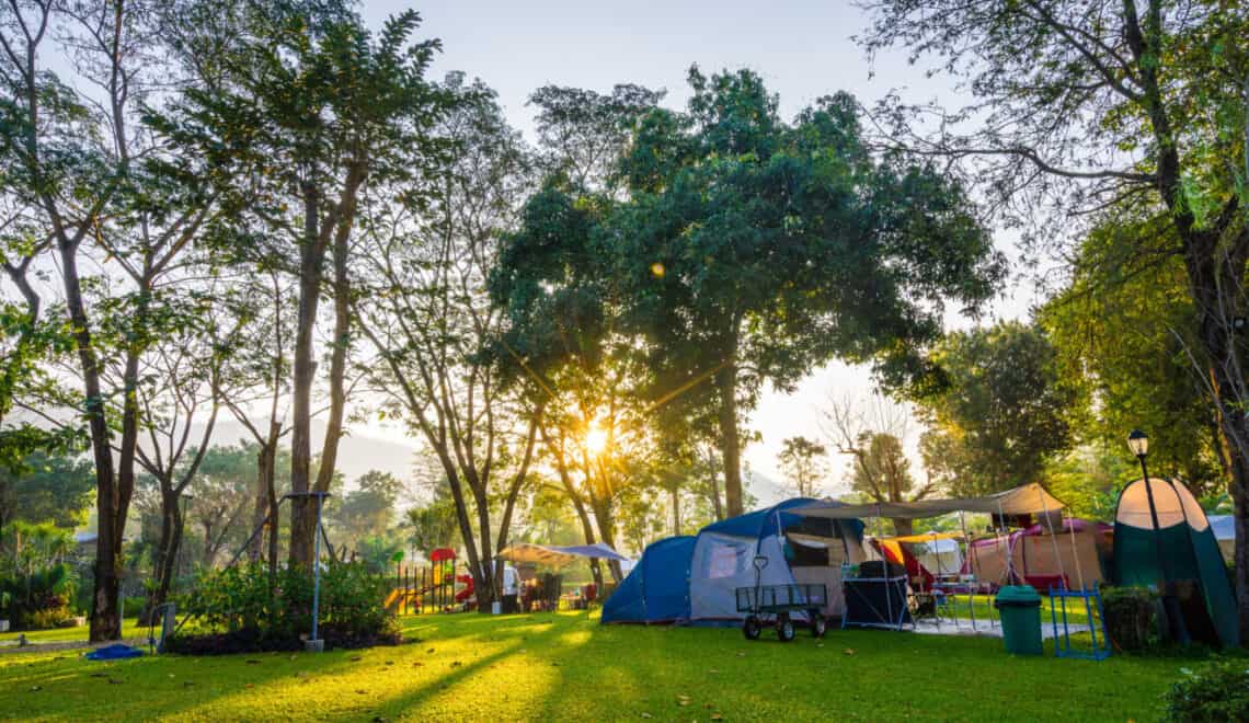 Camping and tent in nature park with sunrise