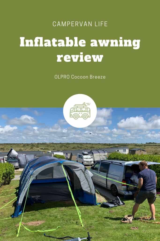 If you are looking for a new camper van awning and are considering an inflatable drivaway then take a look at our OLPRO Cocoon Breeze review. #camping #camper #van #campervan #vanlife #awning #review #gear #essentials #equipment #tent #inflatable #blowup #air #TinBoxTraveller #OLPRO