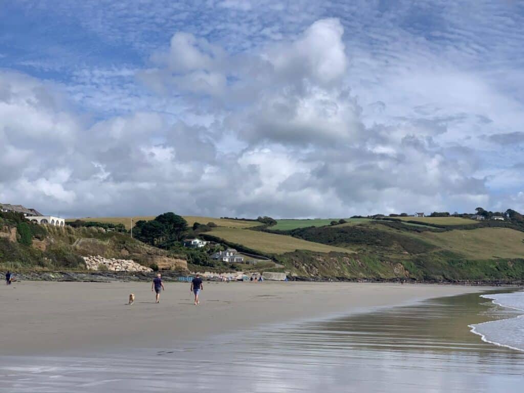 View of low tide at Carne Beach in Cornwall