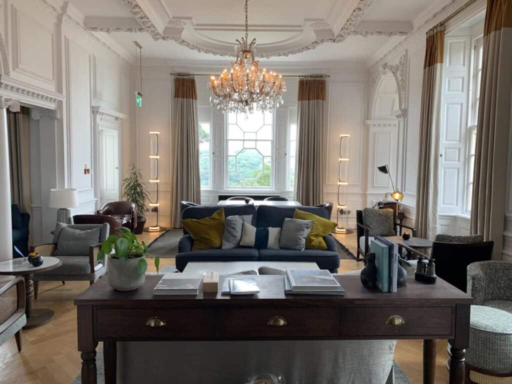 The lounge in Fowey Hall Hotel