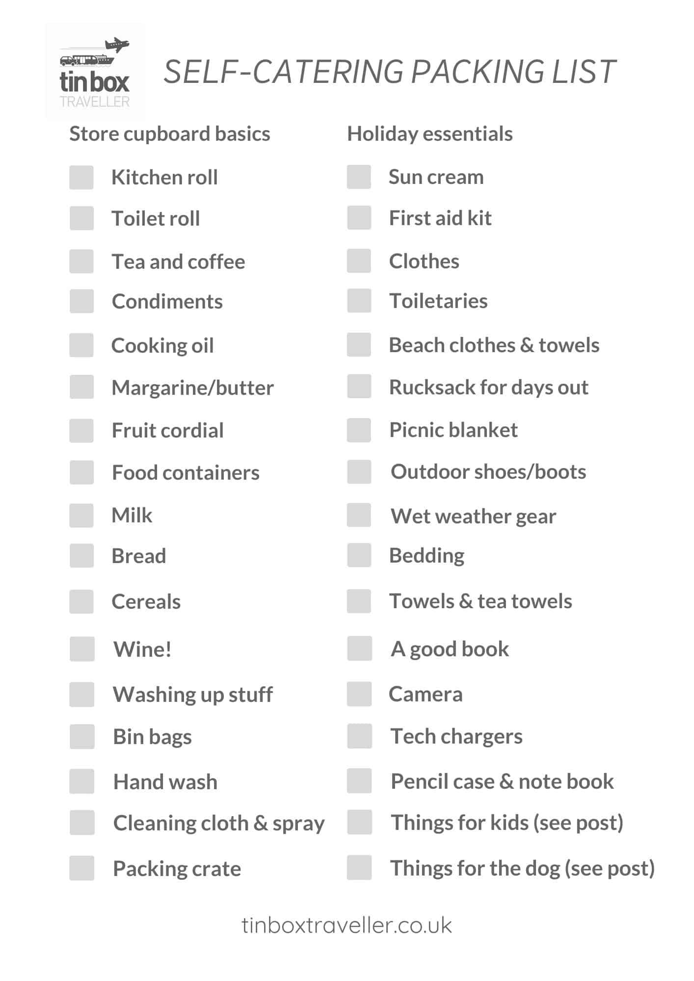 Essential Self catering Holiday Packing List Printable Tin Box 