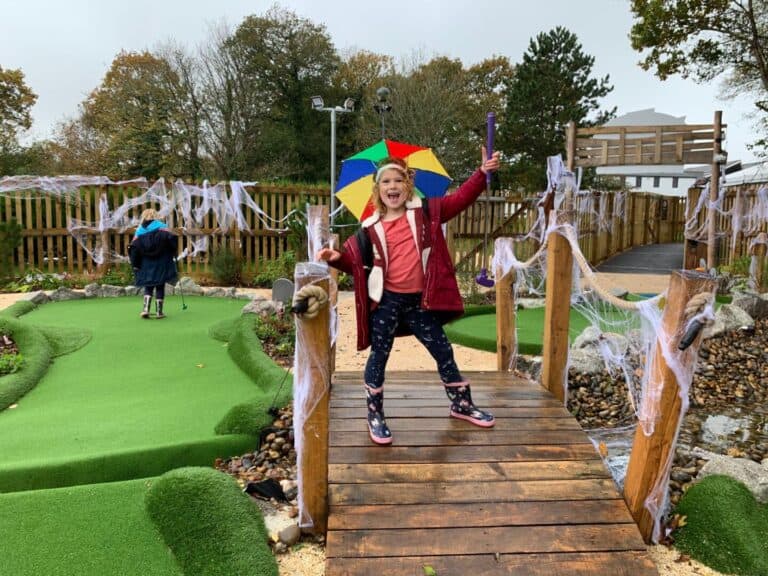 Tin Box Baby having fun. at Woodland Adventure Golf at China Fleet Country Club in Cornwall