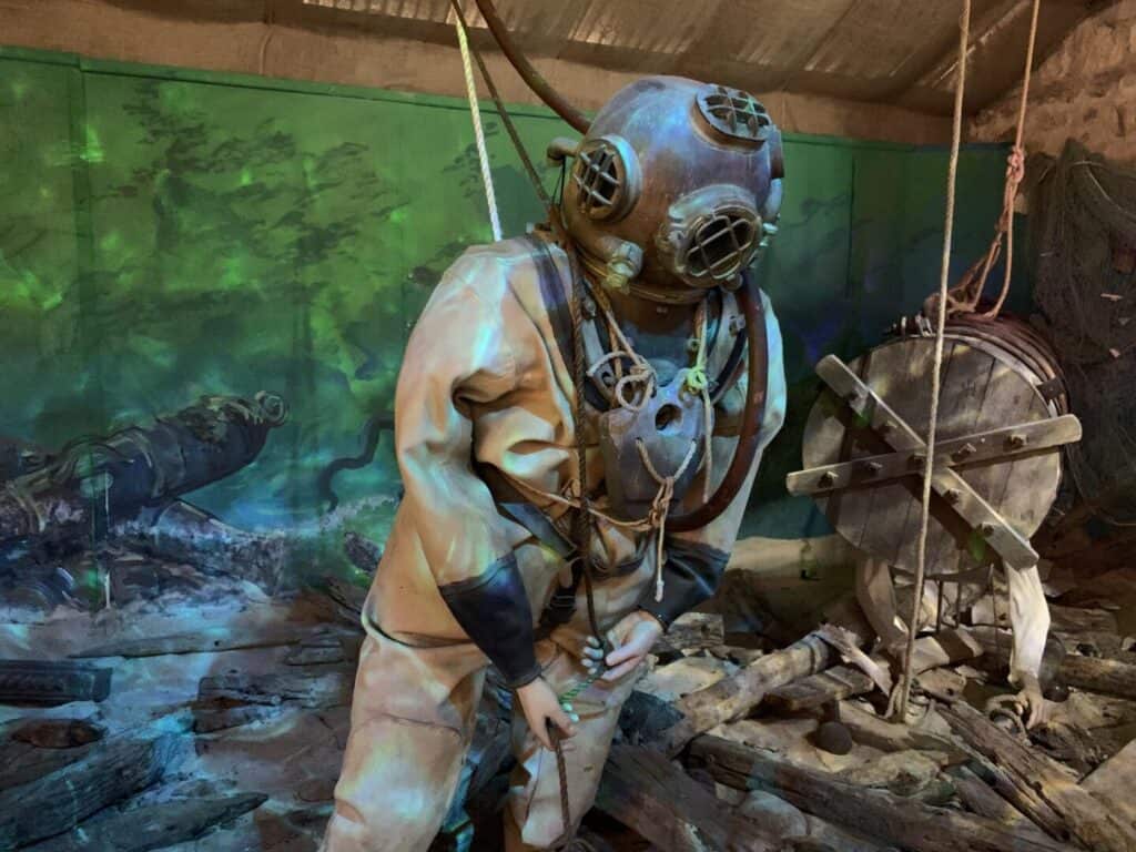 Antique diving suit at the Shipwreak Museum in Charlestown in Cornwall