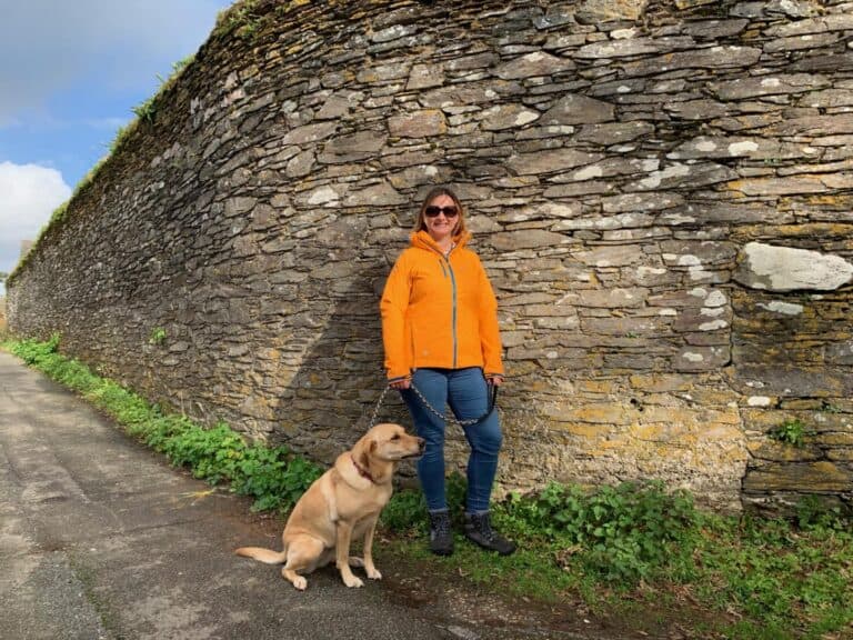 Claire and dog on a country lane