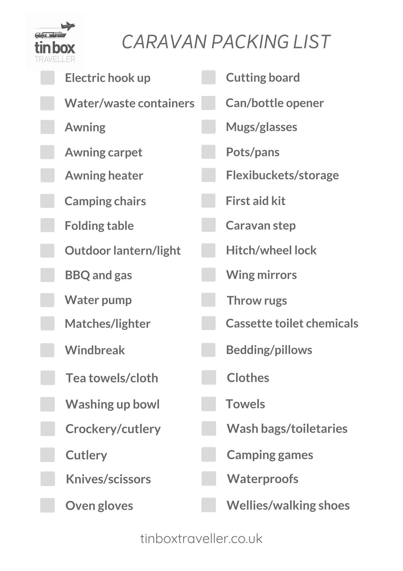 Essential caravan equipment checklist + printable packing list