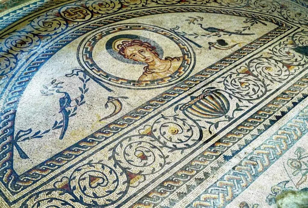 Detail of the Venus and Gladiator floor mosaic in the Roman villa at Bognor, West Sussex, England.